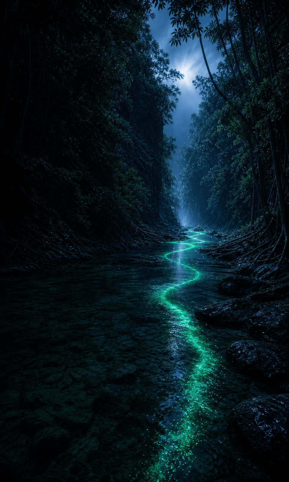 Un cauce de luz verde atraviesa un bosque húmedo nocturno hacia un claro.